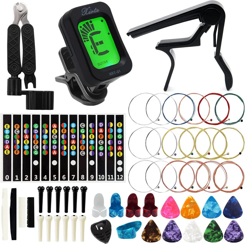 Anvin Acoustic Guitar Accessories Kit - Including Guitar Strings, Tuner, Capo, Restring Tool, Pick Holder, Bridge Pins, Guitar Nuts and Saddles, Finger Picks (53 Pcs) - Image 1